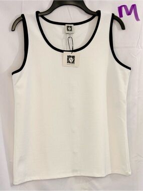 Anne Klein White Tank with Black Trim Sleeveless Scoop Neck